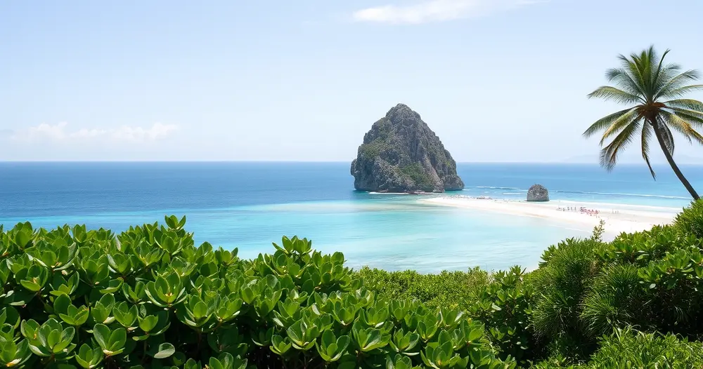 Vista de mirante para praia de águas claras com formação rochosa ao fundo