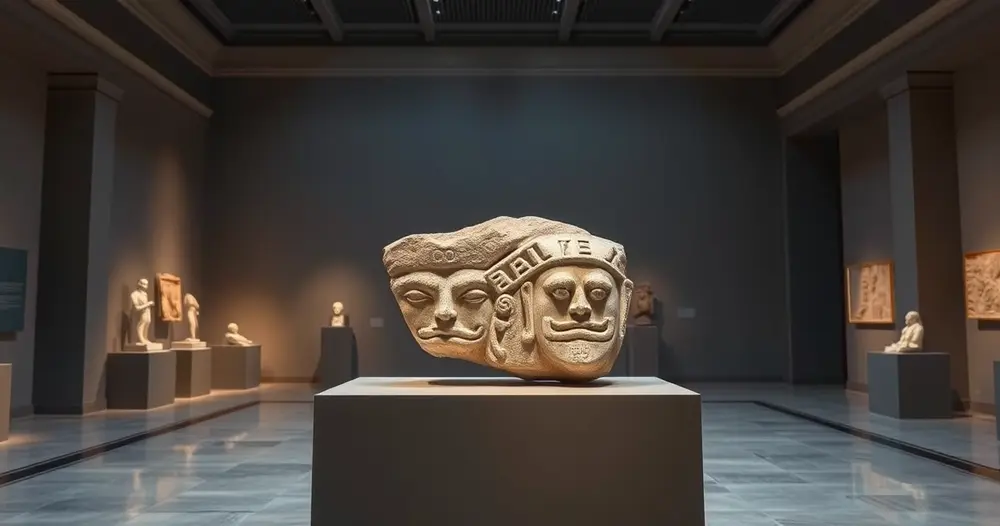 fragmento de estátua de pedra antiga sobre pedestal em museu