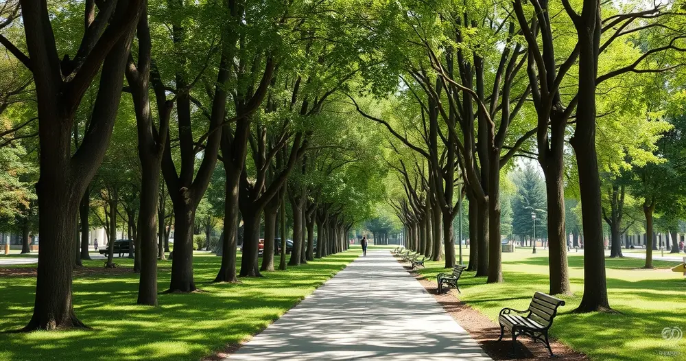 Caminho arborizado dentro de um bosque urbano em cidade do interior paulista