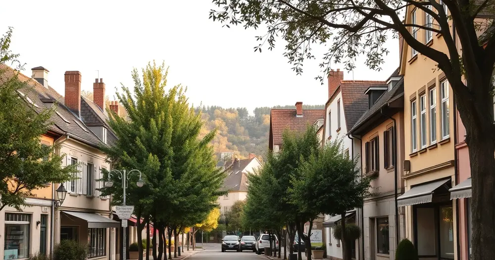 Rua arborizada com casas de arquitetura de inspiração europeia em cidade serrana