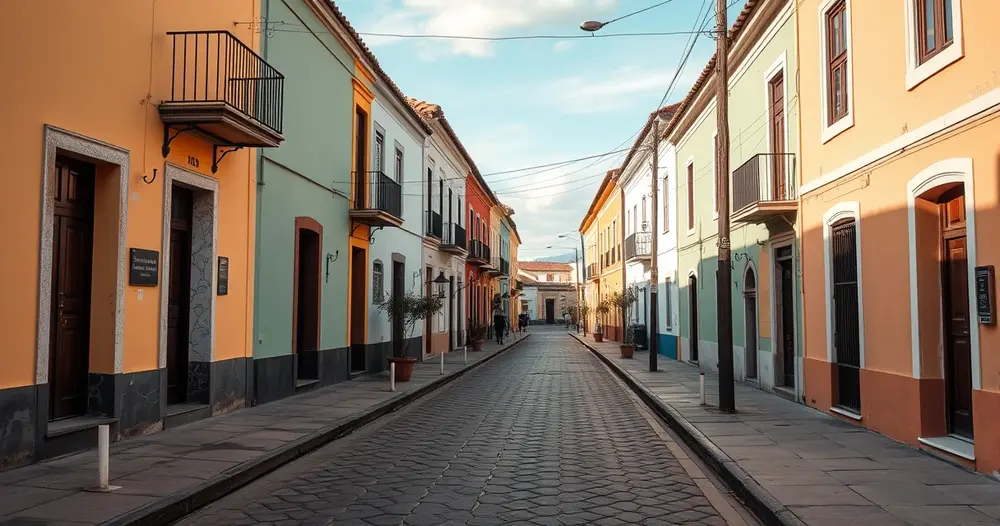 Rua de centro histórico com casario colorido e calçada de pedra em cidade do interior