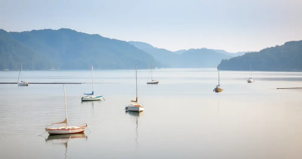 Enseada de mar calmo com barcos ancorados e morros cobertos de mata ao fundo
