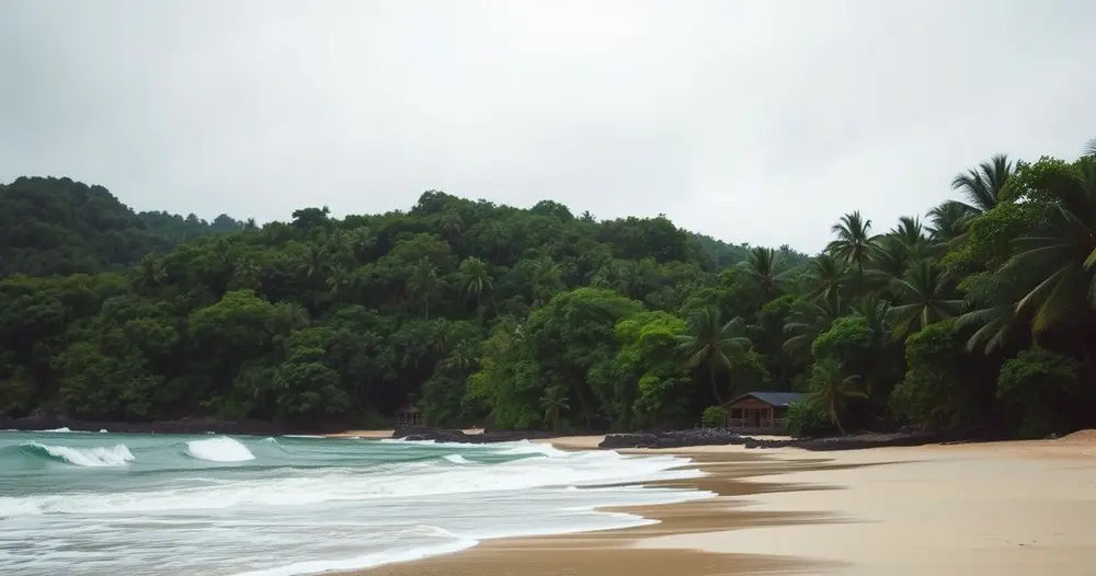 Praia de areia clara cercada por vegetação densa de mata atlântica
